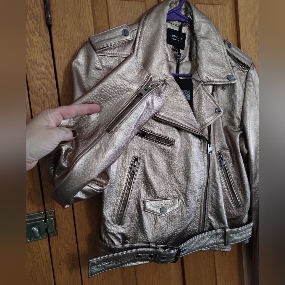 NWT Lamarque Roberto metallic gold leather belted moto jacket - Picture 5 of 15